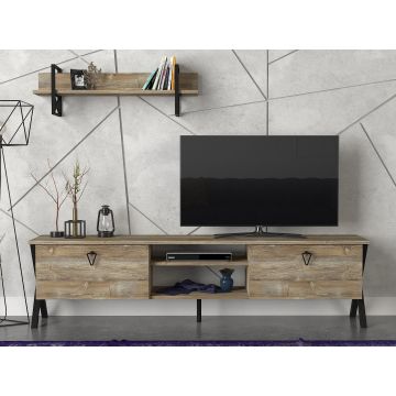 Meuble TV moderne en noyer noir avec fixation murale | 100% mélaminé | Étagères multiples | 180 cm de large