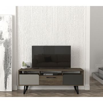 TV-meubel Tera Home | 100% Melamine Laag | 18mm Dikte | Metalen Poten | 150cm Breedte, 55cm Hoogte | Grijs Antraciet Noten