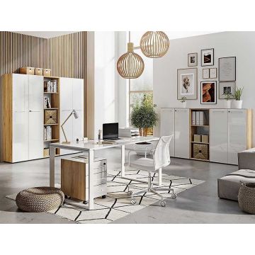 Ensemble de meubles de bureau Mouna | bureau, commode, classeurs mi-hauts et hauts et étagères | blanc