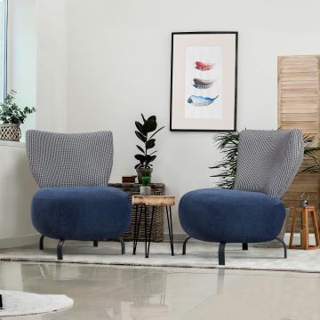 Atelier Del Sofa Wing Chair Set - Chenille bleu foncé et cadre en bois de charme