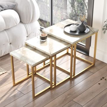 3-Delige Woody Fashion Nesting Table Set | Marble Gold