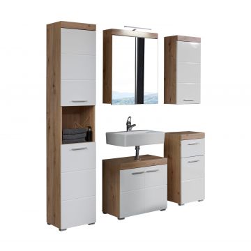 Combinaison salle de bain Amanda | meuble sous-vasque, colonne, suspension, miroir et armoire de rangement | Aspen White
