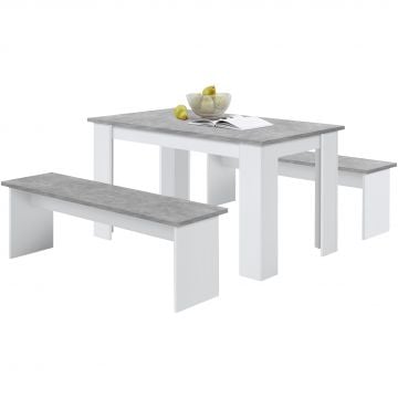 Set eettafel + 2 banken Mundo - beton/wit