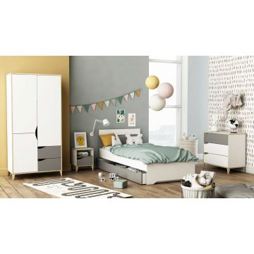 Kinderkamer Gerry: bed 90x190/200cm met lade, kleerkast, nachtkastje, commode - wit
