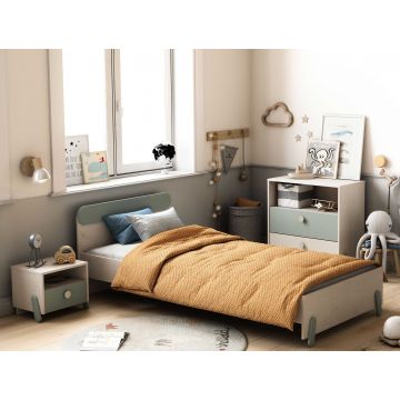 Kinderkamer Ilyas: bed 90x190/200cm, nachtkastje, commode - eik/grijsgroen