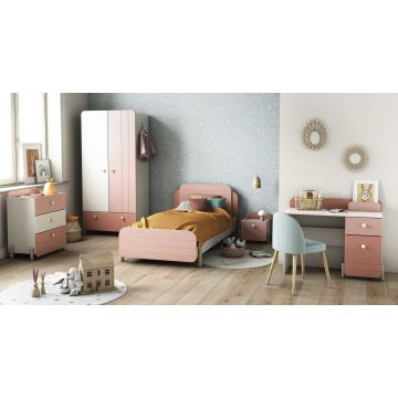 Chambre d'enfant Janne: lit 90x200cm, chevet, commode, armoire, bureau - rose/blanc
