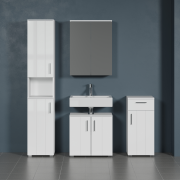 Combinaison salle de bain Wons | Meuble lavabo, miroir, colonne et meuble latéral | Blanc