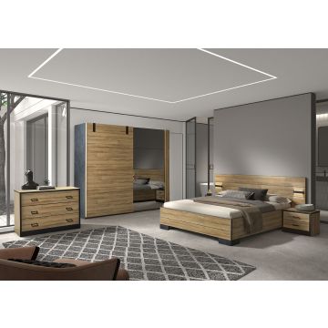 Slaapkamer Nour: bed 160x200cm, nachtkastje, commode, kleerkast 245cm - eik/zwart