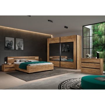Slaapkamer Anelia: bed 160x200, nachtkastje, kleerkast, commode - eik