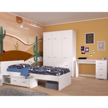 Kinderkamerset Galaxy | Eenpersoonsbed, bureautafel, kledingkast | Wit