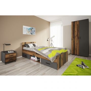 Tienerkamerset Ramos | Eenpersoonsbed met laden, nachtkastje en kledingkast (2 deuren) | Kastamonu-design