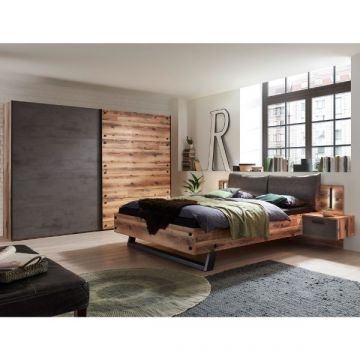 Ensemble de chambre à coucher Kalas | Lit double avec table de chevet, armoire avec passe-partout | Design brun-gris