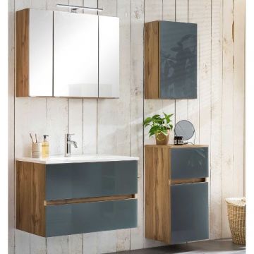 Badkamerset Helsinki | Wastafelkast, spiegelkast, hangkast, bijzetkast | Wotan Oak/grijs-design