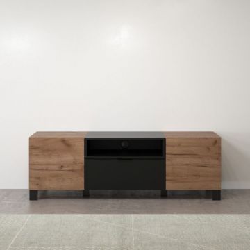 Tv-meubel Kendo | 144 x 40 x 47 cm | 2 Deuren, 1 Klep, 2 Planken | Zwart / Eik