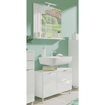 Ensemble de meubles de salle de bain Mauro | Meuble lavabo et miroir mural avec éclairage | Blanc