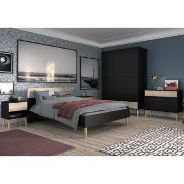 Ensemble de chambre Hardy | Lit double, armoire, commode, table de chevet | Oak Black design