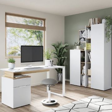 Kantoorset Yannai | Bureau met opbergruimte, middelgrote en grote dossierkast | Oak White-design