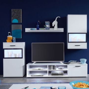Meuble TV Swing | Deux armoires murales, un meuble TV et une étagère suspendue | Eclairage non inclus | Blanc