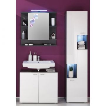 Badkamerset Tetis | Kolomkast, spiegel en wastafelkast | Grafietkleur | High Glossy White