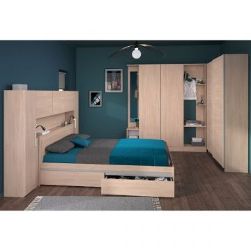 Ensemble de chambre à coucher Ekko | Lit double avec tiroirs, pont de lit, armoires et armoire d'angle | Design en chêne