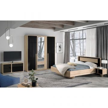 Ensemble de chambre Alto | Lit double, table de chevet, meuble TV, armoire | Chêne Sonoma/design noir