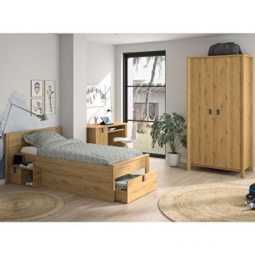 Kinder- en tienerkamerset Lugano | Eenpersoonsbed met lade en opbergruimte, bureau, kledingkast | Artisan Oak-design