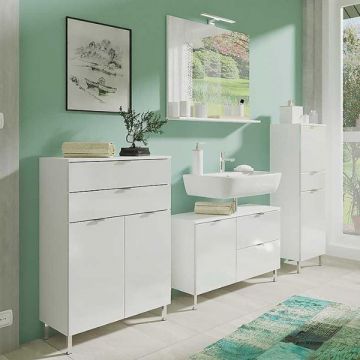 Ensemble de salle de bain Marnick | Meuble lavabo, meuble moyen, meuble colonne, miroir avec éclairage | Blanc