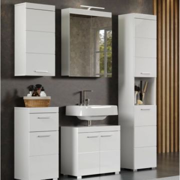 Combinaison salle de bain Amanda | lavabo, colonne, suspension, miroir et armoire latérale | High Glossy White
