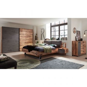 Ensemble de chambre à coucher Kalas | Lit double avec table de chevet, armoire, commode | Design brun-gris