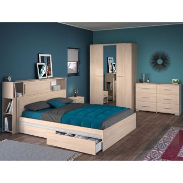 Slaapkamerset Ekko | Tweepersoonsbed, hoofdbord met opbergruimte, nachtkastje, kledingkast, commode | Oak design
