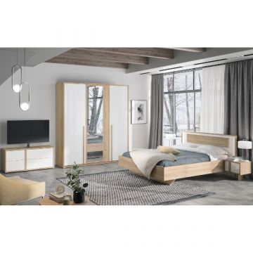 Ensemble de chambre Alto | Lit double, table de chevet, meuble TV, armoire | Chêne Sonoma/blanc design