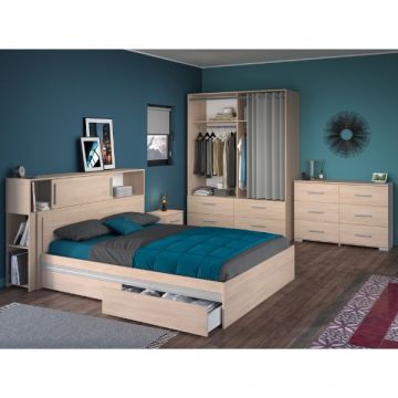 Ensemble de chambre à coucher Ekko | Lit double, tête de lit avec rangement, table de chevet, armoire, commode | Design en chêne