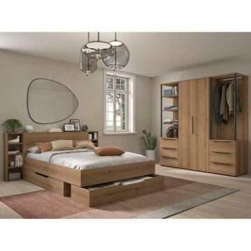 Ensemble de chambre Lucian | Lit double avec tiroirs, armoire et étagères | Design Helvezia Oak