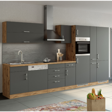 Keukenblok Sorrella 360cm met vaatwas, oven, koelkast en diepvries - antraciet/eik