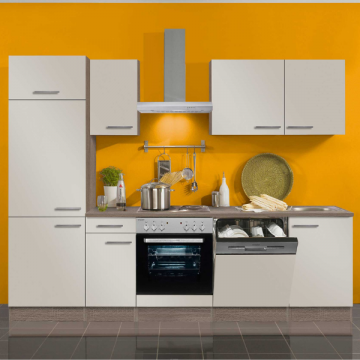 Kitchenette Bistrot 270 cm avec espace pour cuisinière avec four, lave-vaisselle et réfrigérateur avec compartiment congélateur-beige brillant/ chêne trufflé