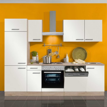 Kitchenette Bistrot 270 cm avec espace pour cuisinière avec four, lave-vaisselle et réfrigérateur avec compartiment congélateur-blanc brillant/ chêne clair
