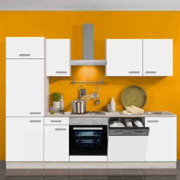Kitchenette Bistrot 270 cm avec espace pour cuisinière avec four, lave-vaisselle et réfrigérateur avec compartiment congélateur-blanc/acacia