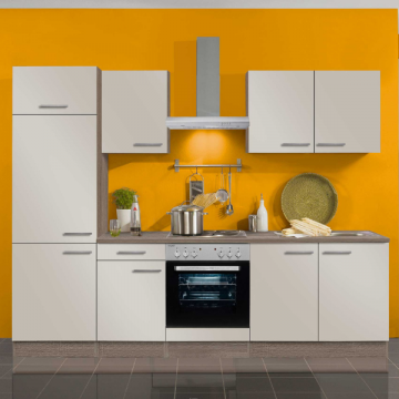Kitchenette Bistrot 270 cm avec espace pour cuisinière avec four et réfrigérateur avec compartiment congélateur-beige brillant/ chêne trufflé
