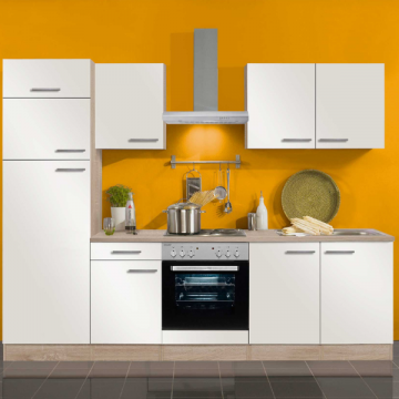 Kitchenette Bistrot 270 cm avec espace pour cuisinière avec four et combi réfrigérateur-congélateur-blanc brillant/ chêne clair
