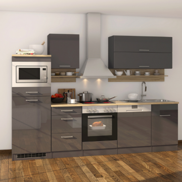 Kitchenette Ragnar 280cm met ruimte voor magnetron, koelkast, oven en vaatwas - hoogglans antraciet