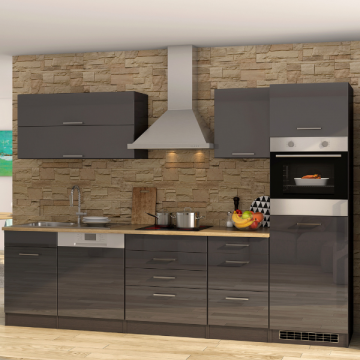 Kitchenette Ragnar 300cm met ruimte voor vaatwas, koelkast en oven - hoogglans antraciet