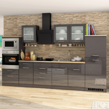 Kitchenette Ragnar 330cm met ruimte voor oven, microgolf en koelkast - hoogglans antraciet