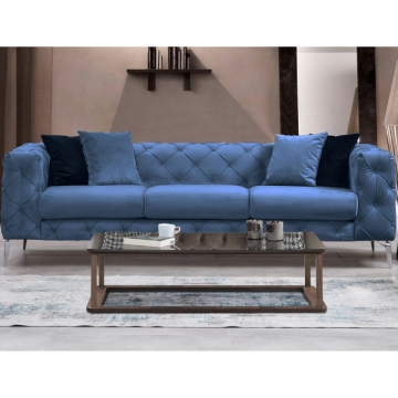 Comfort Design 3-zitsbank | Beuken frame, blauw polyester | 237x73x90cm | Chromen poten