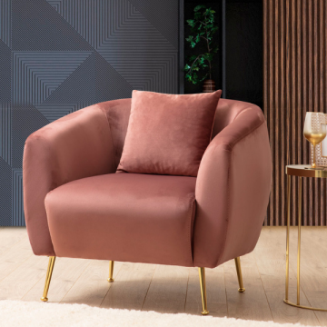 Stijlvolle Wing Chair - Beukenhouten frame, roze polyester stof, gouden metalen poten