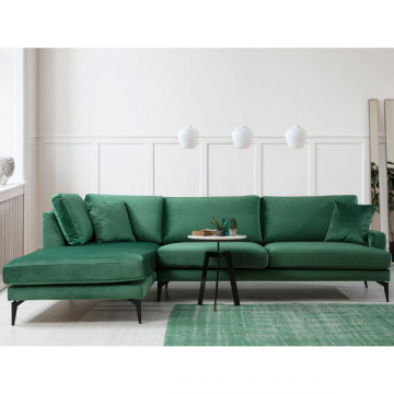 Comfortabele en stijlvolle hoekbank | Frame van beukenhout/spaanplaat | Stof van 100% polyester | Groene kleur