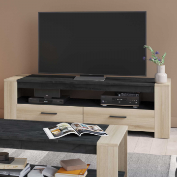 Tv-meubel Shane 2 lades en 1 open vak-Kronberg eik/Sidewalk zwart