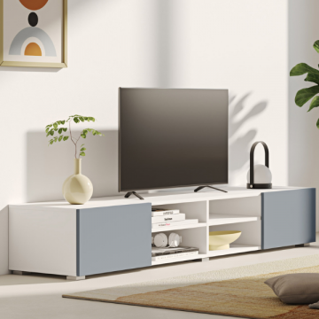 Tv-meubel Polka 180 cm 2 draaideuren, 4 open vakken-wit/celadon grijs