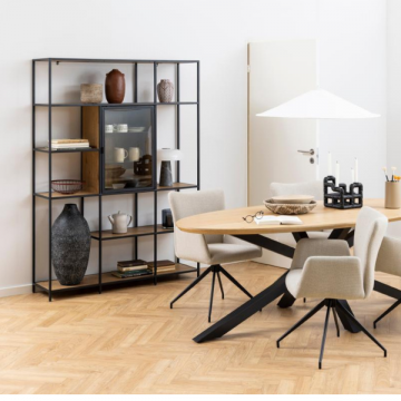 Moderne Seaford boekenkast: Zwart staal en glas, eiken met 8 planken, 135x35x185 cm