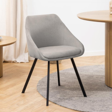 Chaise de salle à manger confortable Nils : Tissu gris clair, accoudoir et base en acier noir mat