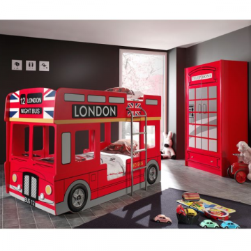 Stapelbed London bus 90x200 cm met LED-verlichting+ 2-deurs kleerkast-rood